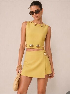 Commense Yellow Mini Skirt Set with Gold Disc Detail
